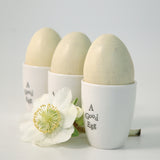 East of India White Porcelain Egg Cup 
Quote reads 'A Good Egg' 