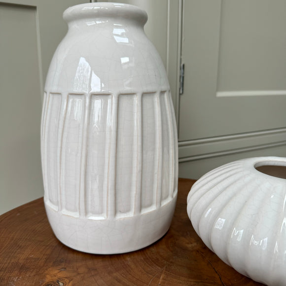 White Gloss Ribbed Stripe Vase - H24.5cm