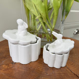 White Porcelain Storage Jar in a flower shape with Rabbit Lid
Available in 2 sizes: Small 9.5cm & Large 12cm