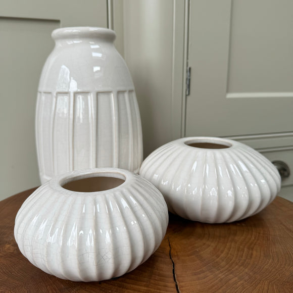 Low White Ceramic Ribbed Round Vase - Small 15cm & Large 19cm