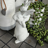White Ceramic Family Rabbits H16.5cm - Dad Rabbit carrying baby rabbit on his back