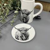 White glazed Ceramic Coaster with a black classy pencil illustration of a Highland Cow 10cm