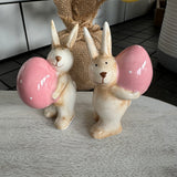 Small Cute Porcelain Glazed 10cm Standing Rabbits Holding Dotted Pink Egg 2 styles - Holding egg in front & Holding egg behind
