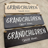 Made in the UK by Giggle Gift Co
Rectangular Wooden L29.5cm Hanging Sign
Quote - "Grandchildren - spoilt here"