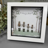Pebble Art by La De Da Living 
Award winning keepsake gifts - Handmade in the Cotswolds 
Framed Pebble Art - Midi White block square frame 17.5cm
Quote - Life is beautiful with family'
Image - Family of 4 wearing wellies walking together with trees..