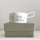 East of India Perfect Gifts with a meaningful quotes;
Small round T-LIght holder with handle 5.5x3cm gift boxed & t-light included
Quote 'Thanks for being amazing' 