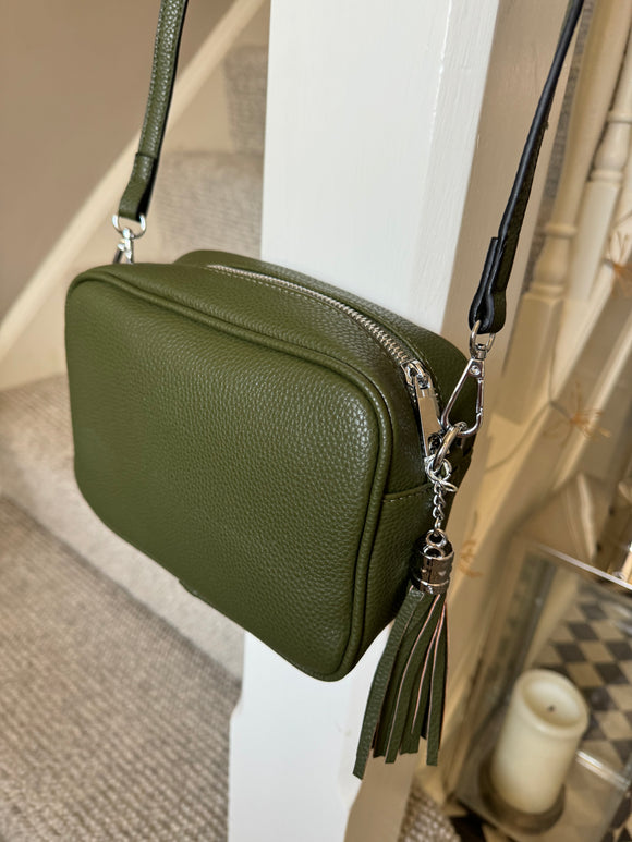 Faux Leather Cross Body Bag with Tassel - Dark Green