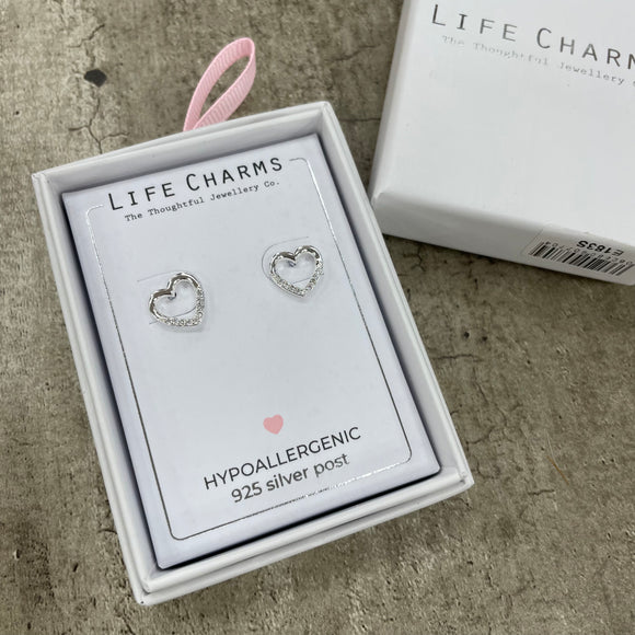 Life Charms the Thoughtful Jewellery Co. Silver plated stud hypoallergenic Earrings collection; Open Heart Silver Stud Earrings E201S