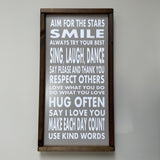 The Giggle Gift Co - Made in the UK Thick Wooden Framed Plaque H64cm & Grey Vinyl; ‘Aim for the stars, smile, always try your best, sing, laugh, dance, say please and thank you, respect others, love what you do, do what you love, hug often, say I love you, make each day count, use kind words’