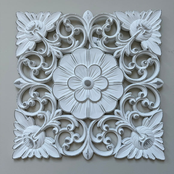 Whitewashed Square Wall Panel with Carved Flower Design - 35cm