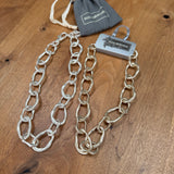 Eliza Gracious quality affordable design led branded costume jewellery
Short mis-shaped chain link Necklace with beaten effect 
Available in Burnished Matt Silver & Pale Gold