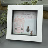 Mini Framed Pebble Art - White block square frame 12.5cm
'A house is not a home without a cat'  PPMW107