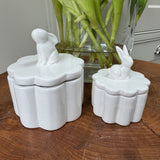 White Porcelain Storage Jar in a flower shape with Rabbit Lid
Available in 2 sizes: Small 9.5cm & Large 12cm
