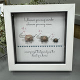Pebble Art by La De Da Living 
Award winning keepsake gifts - Handmade in the Cotswolds 
Framed Pebble Art - Midi White block square frame 17.5cm
'Wherever you may wonder, wherever you may roam, never forget that family is the heart of a home'