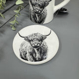White glazed Ceramic Coaster with a black classy pencil illustration of a Highland Cow 10cm