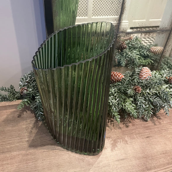 Green Ribbed Twisted Glass Vase