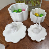 White Porcelain Storage Jar in a flower shape with Rabbit Lid
Available in 2 sizes: Small 9.5cm & Large 12cm