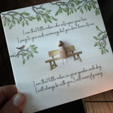Perspex Quotable board 15cm & pebble image standing on a T-Light wooden block 
Pebble person sitting on a bench under a tree with a robin perched on a branch 
Quote;
I am that little robin, who sits upon your tree.
I sing to you each morning, but you don't know its me.
I am that little robin, in your garden each day.
I will always be with you, I will never fly away.
