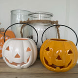 Smiling Pumpkin shaped T-light lantern 11cm
Available in Rich Orange or White