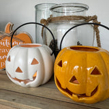 Smiling Pumpkin shaped T-light lantern 11cm
Available in Rich Orange or White