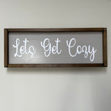 The Giggle Gift Co - Made in the UK Thick Wooden Framed Plaque L63.5cm & Grey Vinyl; Lets Get Cosy
