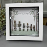 Framed Pebble Art - Midi White block square frame 17.5cm
Quote - Life is beautiful with family'
Image - Family of 6 wearing wellies walking together with trees..