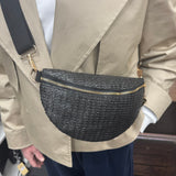 Eliza Gracious - quality affordable design led branded costume jewellery.
Raffia Sling Cross body Bag with gold fixtures and plain black strap
Colour - Black 