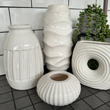 Low White Ceramic Ribbed Round Vase - 2 sizes