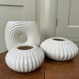 Low White Ceramic Ribbed Round Vase - Small 15cm & Large 19cm