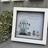 Pebble Art by La De Da Living 
Award winning keepsake gifts - Handmade in the Cotswolds 
Framed Pebble Art - Midi White block square frame 17.5cm
'A house is made of bricks & beams, a home is made of love & dreams'