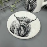 White glazed Ceramic Coaster with a black classy pencil illustration of a Highland Cow 10cm