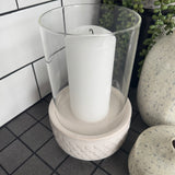 White ceramic glazed Lantern Base D13.5 x H7.5cm with a 
Plain glass inner D11.5 x H15cm