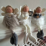 Charming Fabric Sitting Angels 15cm with fluffy skirt and angel wings & dangly legs
Available in 3 colours - White, Grey & Beige 
