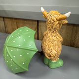 Harry the Highland Cow with Umbrella and Wellies