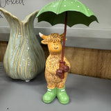 Standing Harry the Highland Cow Figure holding a Green umbrella and wearing wellies 16cm