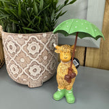 Standing Harry the Highland Cow Figure holding a Green umbrella and wearing wellies 16cm