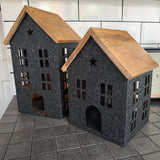 Black Metal House with lots of open windows to light up with an LED T-light and an Apex Wooden Roof
Available in 2 sizes - Small H24cm & Medium H32cm