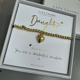 Life Charms the Thoughtful Jewellery Co.
Just Because Gold plated Bracelet Collection;
Charm - double puffed hearts
Quote - Daughter   You are a delightful daughter x.