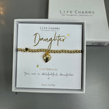 Life Charms the Thoughtful Jewellery Co.
Just Because Gold plated Bracelet Collection;
Charm - double puffed hearts
Quote - Daughter   You are a delightful daughter x.