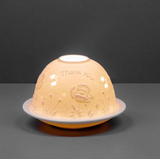 Light Glow - Home; supply the best designs & the highest quality products
White Ceramic Lithophane Dome H8cm T-Light Candle Holder 
Design & quote 'Thank you'