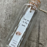 Sweet moon & star earrings in a message bottle saying "love you to the moon" - available in silver or rose gold