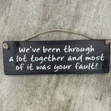 Wooden Hanging Sign - "We've been through a lot & most of it was your fault!"j