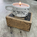 Ceramic T-Light Holder with loving quote: 'Happy days are here to stay' Lovely small gift idea for that special someone to show them you are thinking about them in a simple yet beautiful way. Decorated with branches & hearts all around and a handle at the side.
