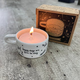 Ceramic T-Light Holder with loving quote: 'Happy days are here to stay' Lovely small gift idea for that special someone to show them you are thinking about them in a simple yet beautiful way. Decorated with branches & hearts all around and a handle at the side.