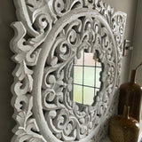 Whitewashed Sculpted MDF Mirror Flower Panel  58cm  Beautiful carved wooden panel with flowers and with a distressed white finish.