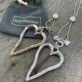 Eliza Gracious Long Chunky Open Heart Necklace with Diamond Charm Available in Matt Silver & Pale Gold