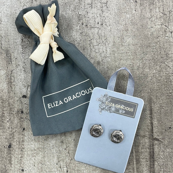 Eliza Gracious - quality affordable design led branded costume jewellery. Silver Beaten Circle Earrings Simple medium circle studs with a rustic beaten design.  EE0063