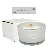 Message in a Bottle Soy Candle 8cm
Presented in a Grey Glass Jar with the Fragrance Ambers Secret
Quote on the Candle Jar -  'Thank you so much!'
Message in a bottle quote 'You are the Best'
