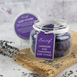 Aromatherapy Lavender & Chamomile Sleep Stones Natural volcanic rock (responsibly collected from Mount Etna) infused for many days in the very best organic oils of British lavender and chamomile contained within a resealable glass jar. Lavender and chamomile are both so well-known for their therapeutic and healing qualities.