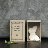 East of India quotable matchbox collection Porcelain Butterfly presented in a small matchbox with the words; 'You Make my Heart Flutter'